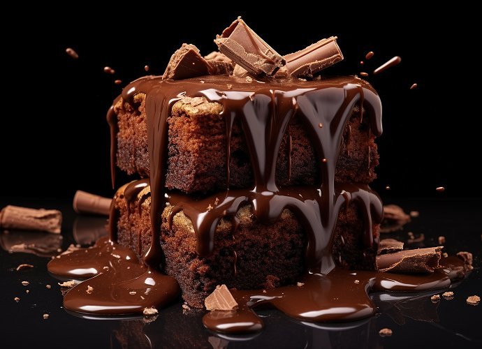 Chocolate brownies stacked with ganache sauce on black background