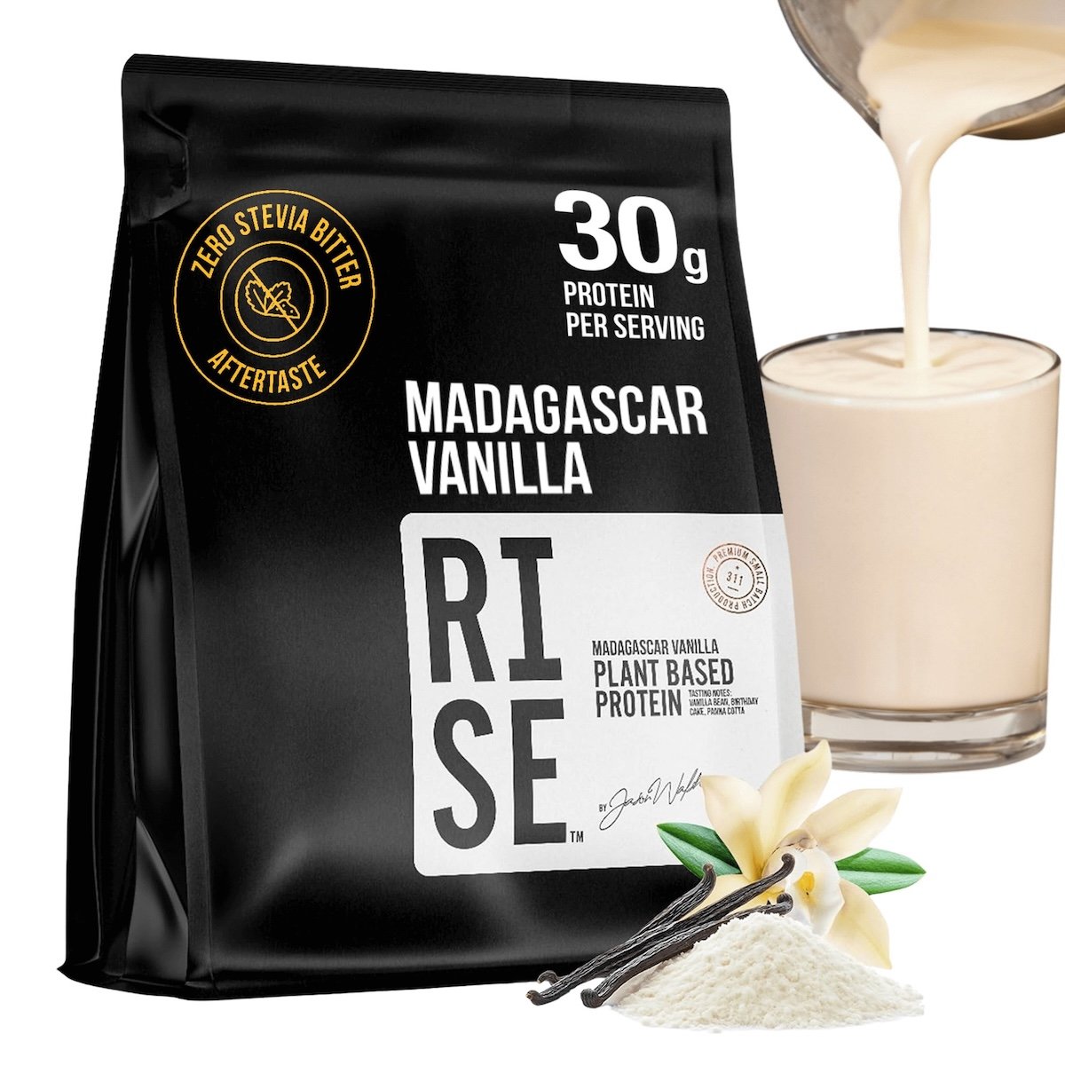 RISE311 Madagascar vanilla protein pouch showing 30g of protein per serving and no bitter aftertaste.