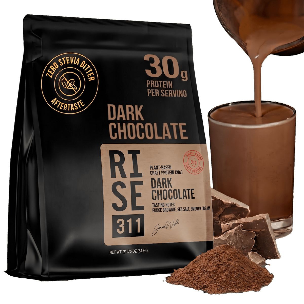 RISE311 Dark chocolate plant based protein powder. High protein / serving stamp (30g) and no bitter stevia after taste.