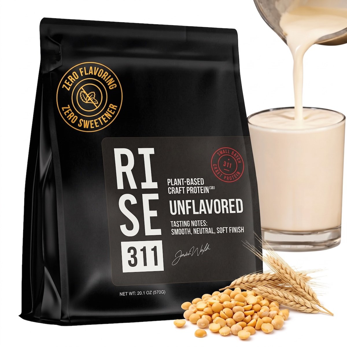 RISE311 plant-based protein powder in Unflavored, 30g complete plant protein, 3g leucine and Zero bloat (gentle protein blend and digestive enzymes)