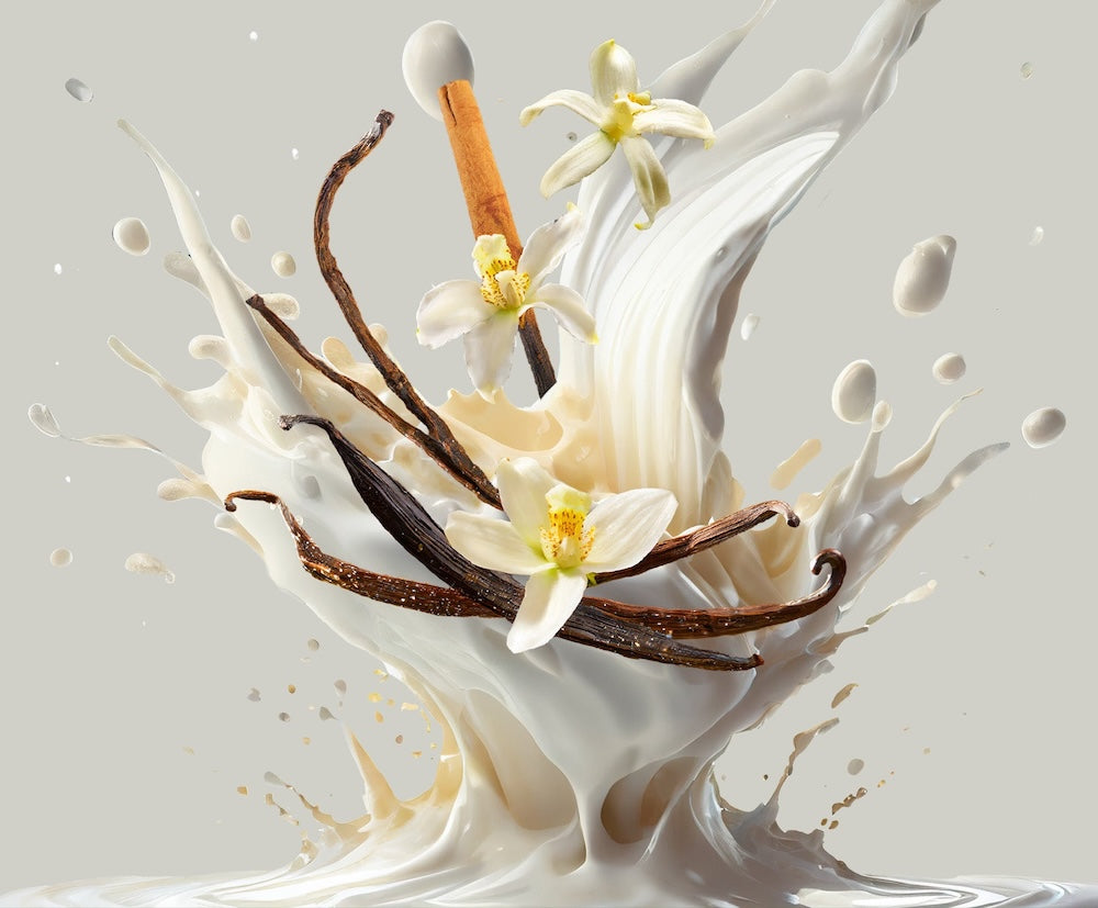 Vanilla beans and white flowers in milk splash (artistic)