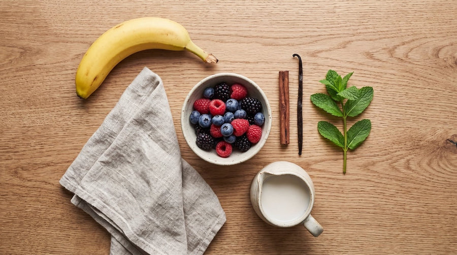 Protein shake recipes ingredients on wooden kitchen counter