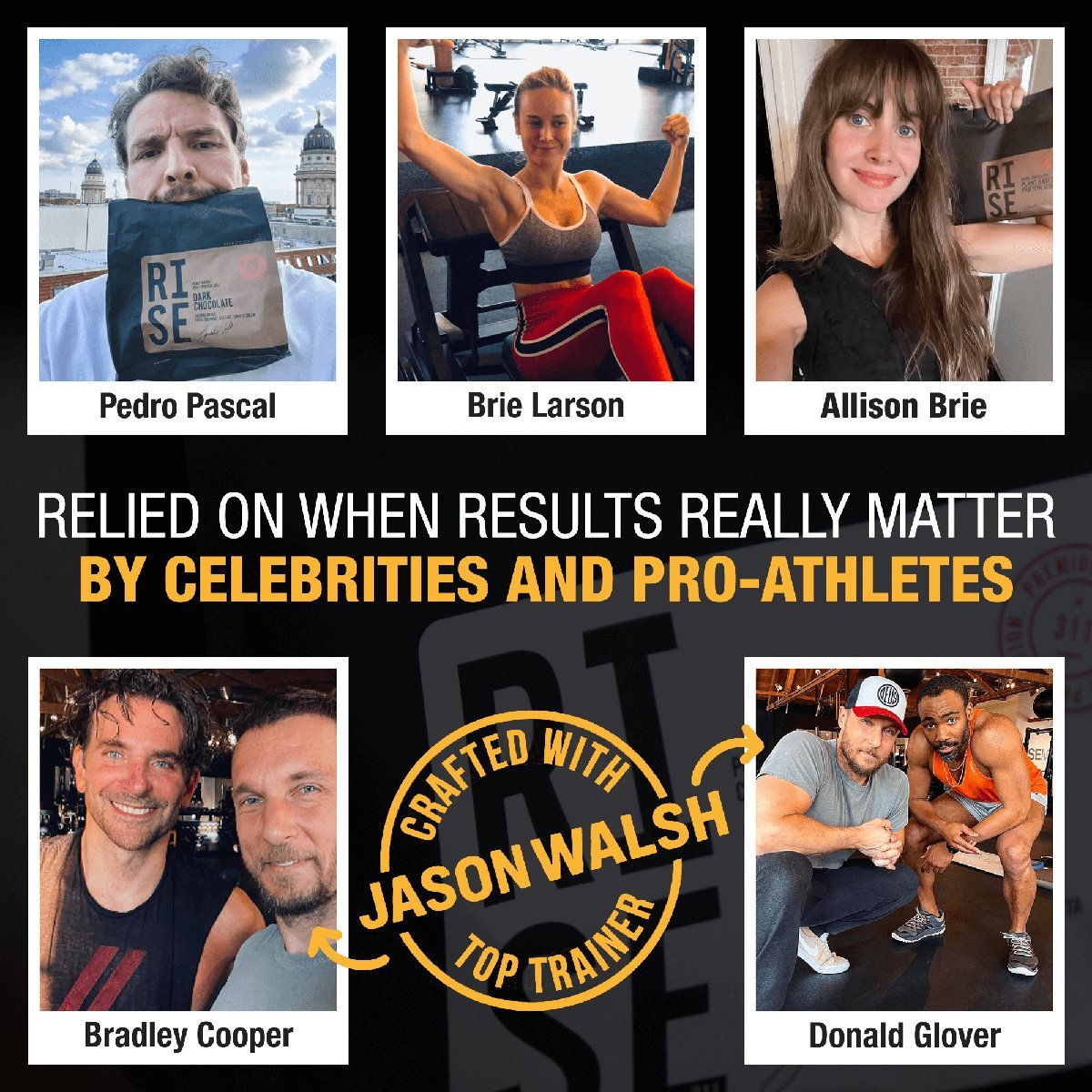 Collage of celebrities who have used RISE311 to lose weight or gain muscle for movie roles.