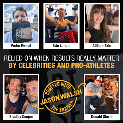 Collage of celebrities who have used RISE311 to lose weight or gain muscle for movie roles.