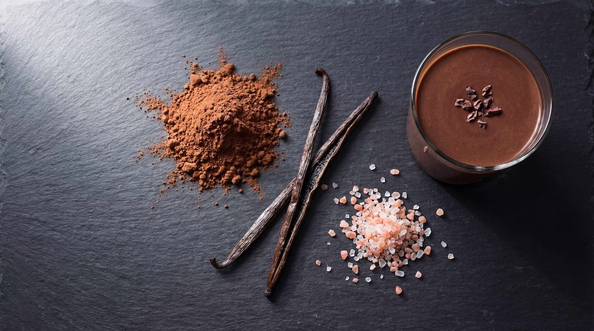 Cocoa powder and vanilla bean overhead artistic composition