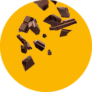 Yellow circular icon with dark chocolate pieces