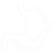 White stomach line drawing with gut checkmark health icon