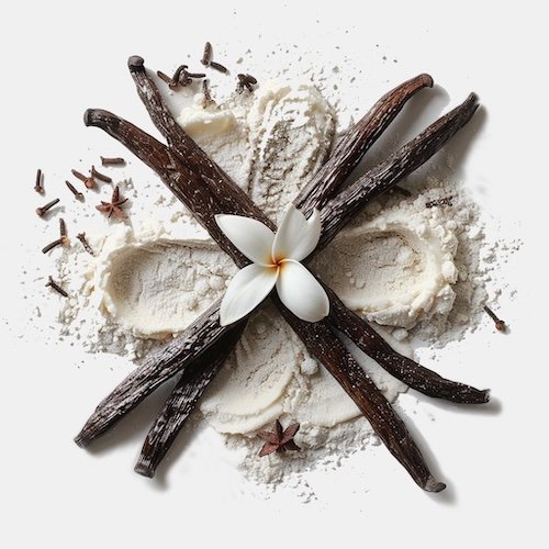 Vanilla pods in a cross shape on vanilla protein powder (large format)