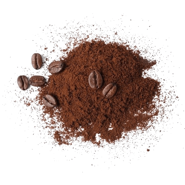 A pile of dark brown ground coffee with several whole coffee beans scattered around.