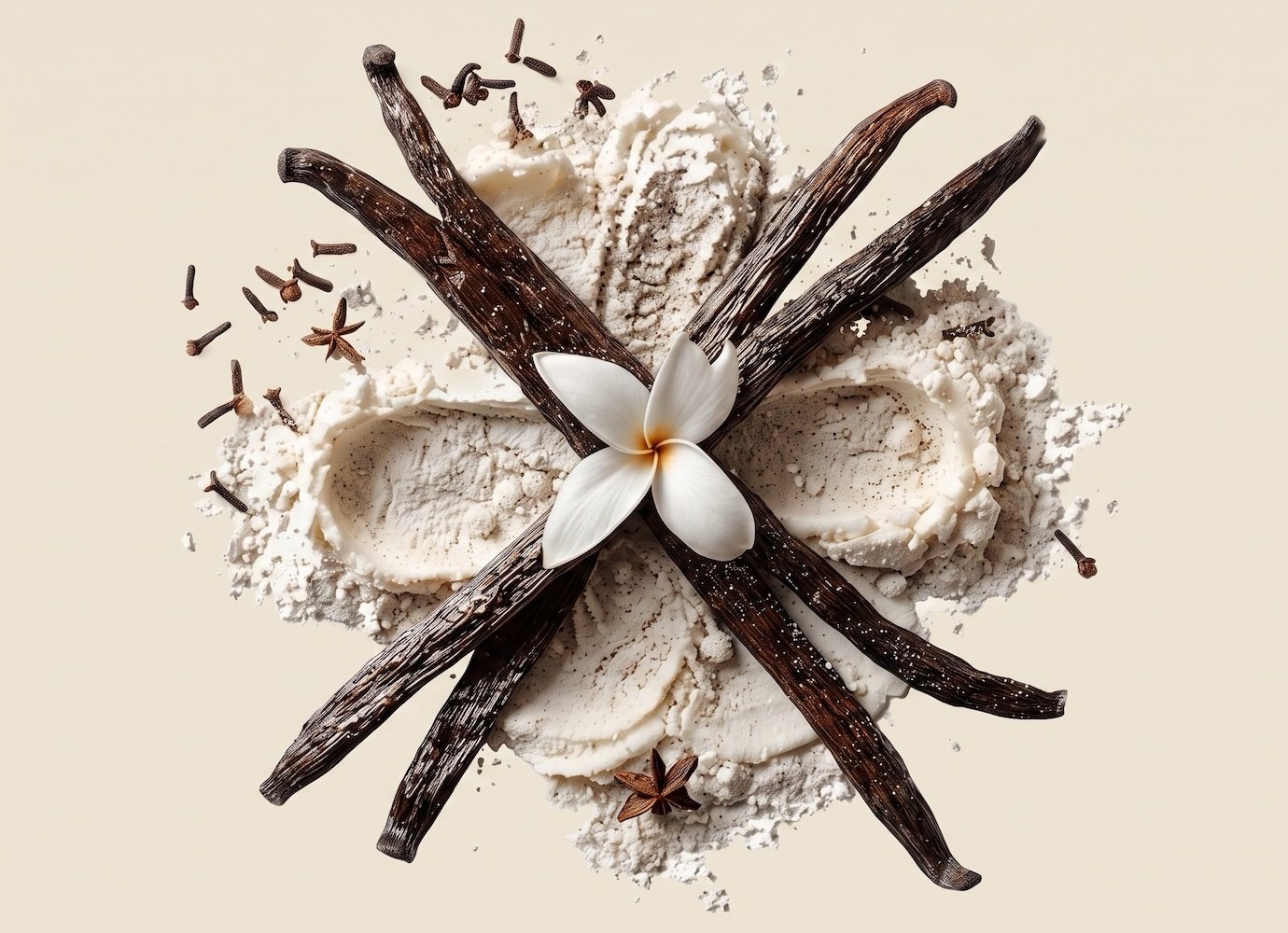 Vanilla pods in a cross shape on vanilla protein powder (large format)