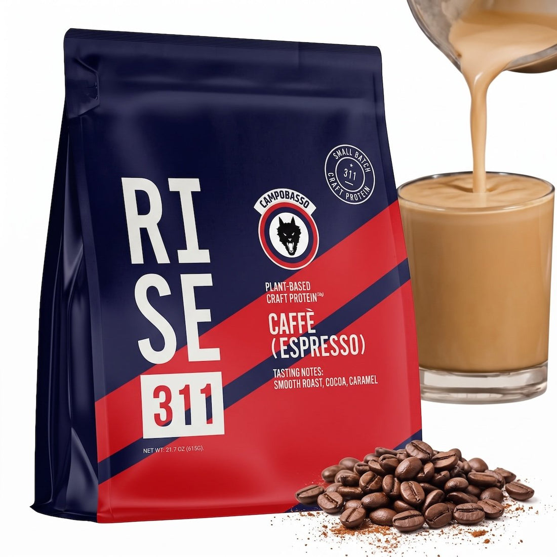 RISE311 plant-based protein powder in Caffe (Coffee or Espresso), 30g complete plant protein, 3g leucine on label