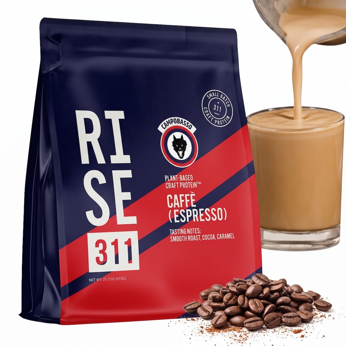 RISE311 plant-based protein powder in Caffe (Coffee or Espresso), 30g complete plant protein, 3g leucine on label