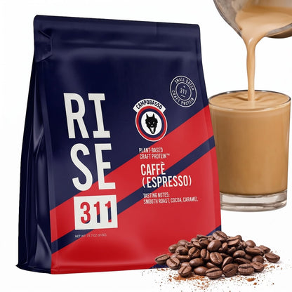 RISE311 plant-based protein powder in Caffe (Coffee or Espresso), 30g complete plant protein, 3g leucine on label