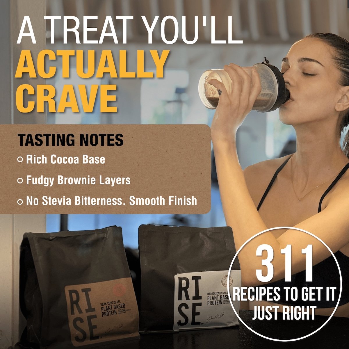 Dark chocolate protein powder tasting notes: rich cocoa base, fudge brownie, no stevia bitterness.