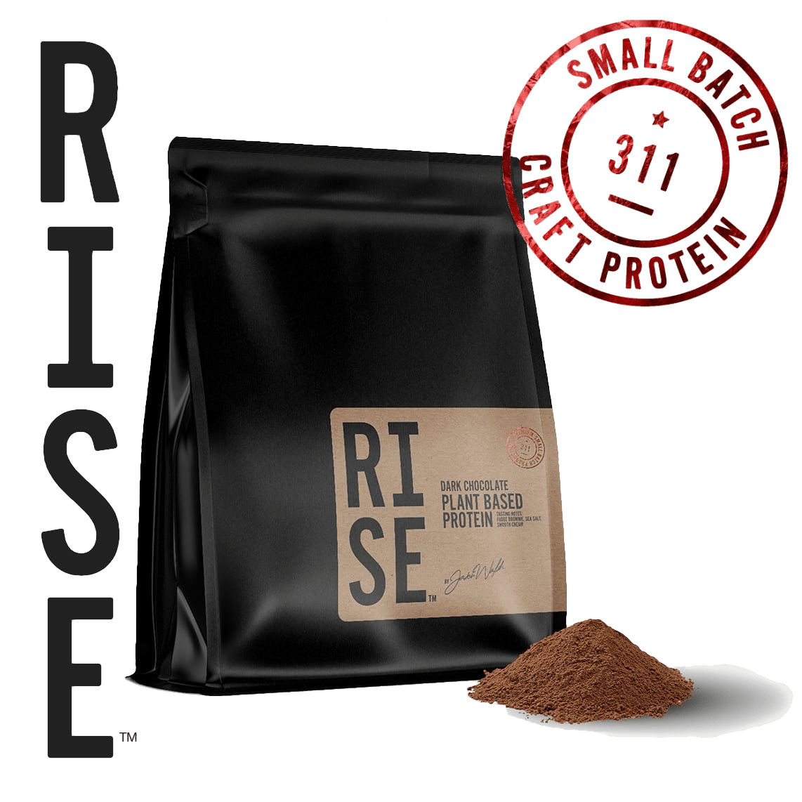 RISE311 dark chocolate plant-based protein pouch with red small batch roundel
