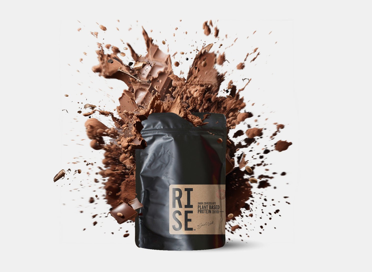 RISE311 dark chocolate protein pouch with powder explosion effect