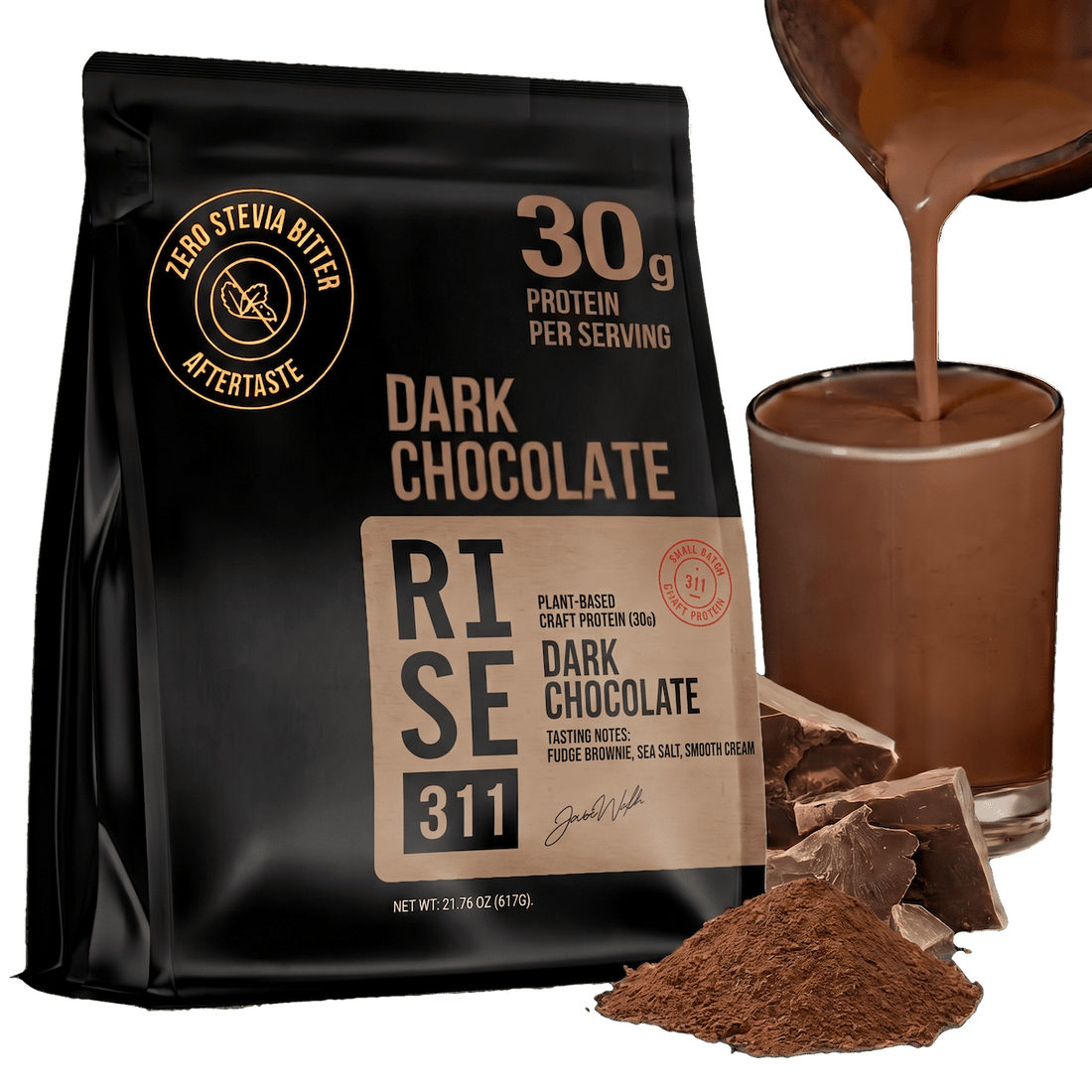 RISE311 Dark chocolate plant based protein powder. High protein / serving stamp (30g) and no bitter stevia after taste.