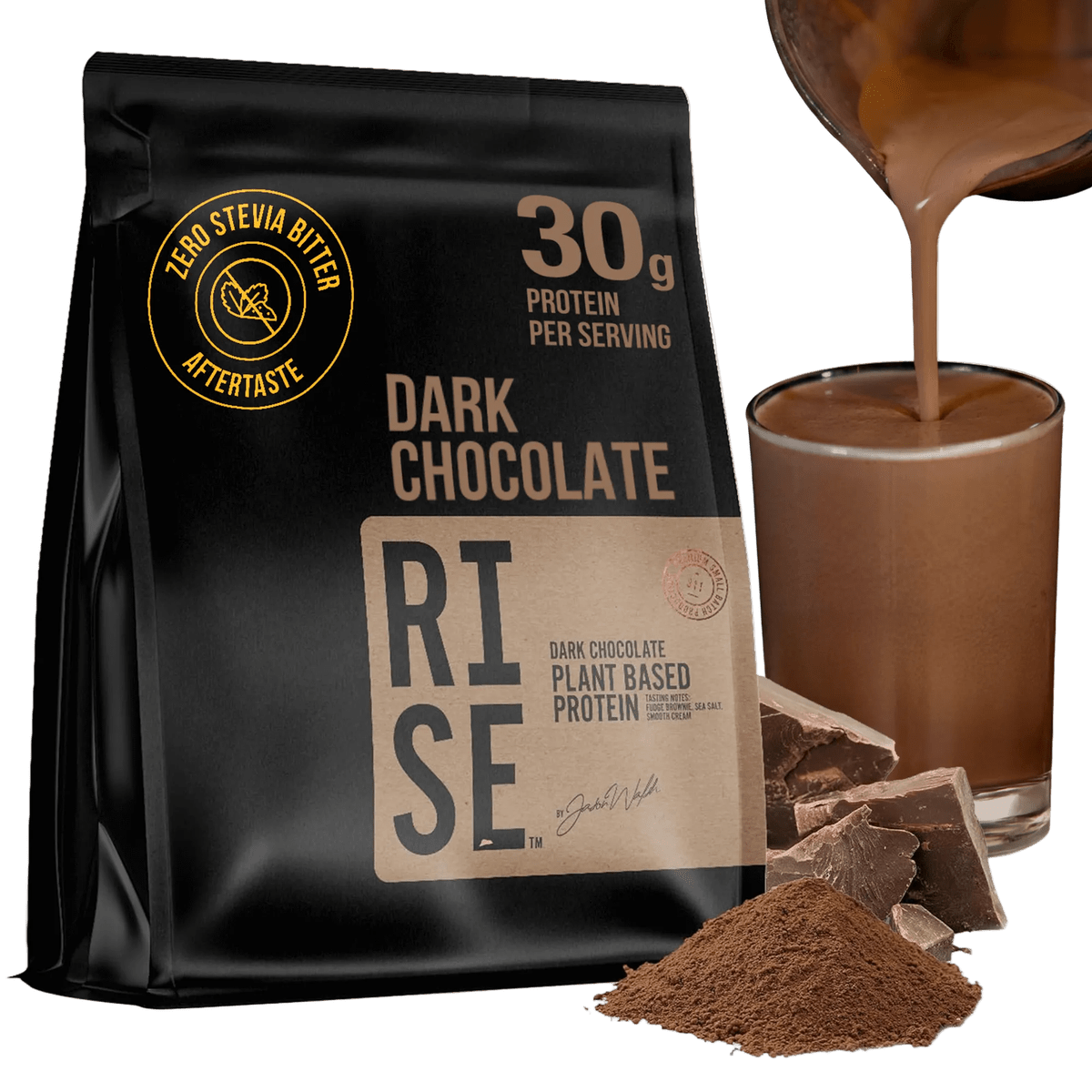 RISE311 Dark chocolate product pouch. Shows high protein content (30g) per serving and no bitter stevia after taste.