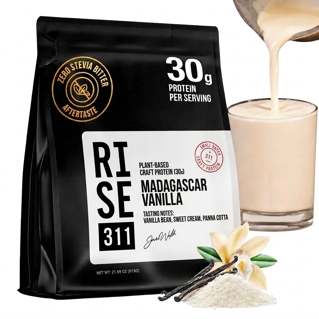 RISE311 plant-based protein powder in Madagascar Vanilla, 30g complete plant protein, 3g leucine on label