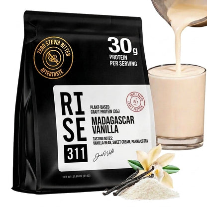 RISE311 plant-based protein powder in Madagascar Vanilla, 30g complete plant protein, 3g leucine on label