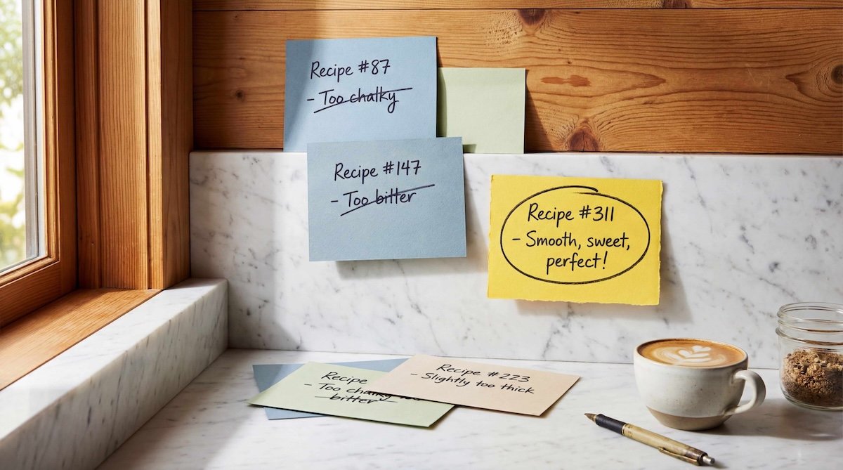 Recipe development sticky notes showing examples of the 311 recipes it took to perfect RISE311 protein.