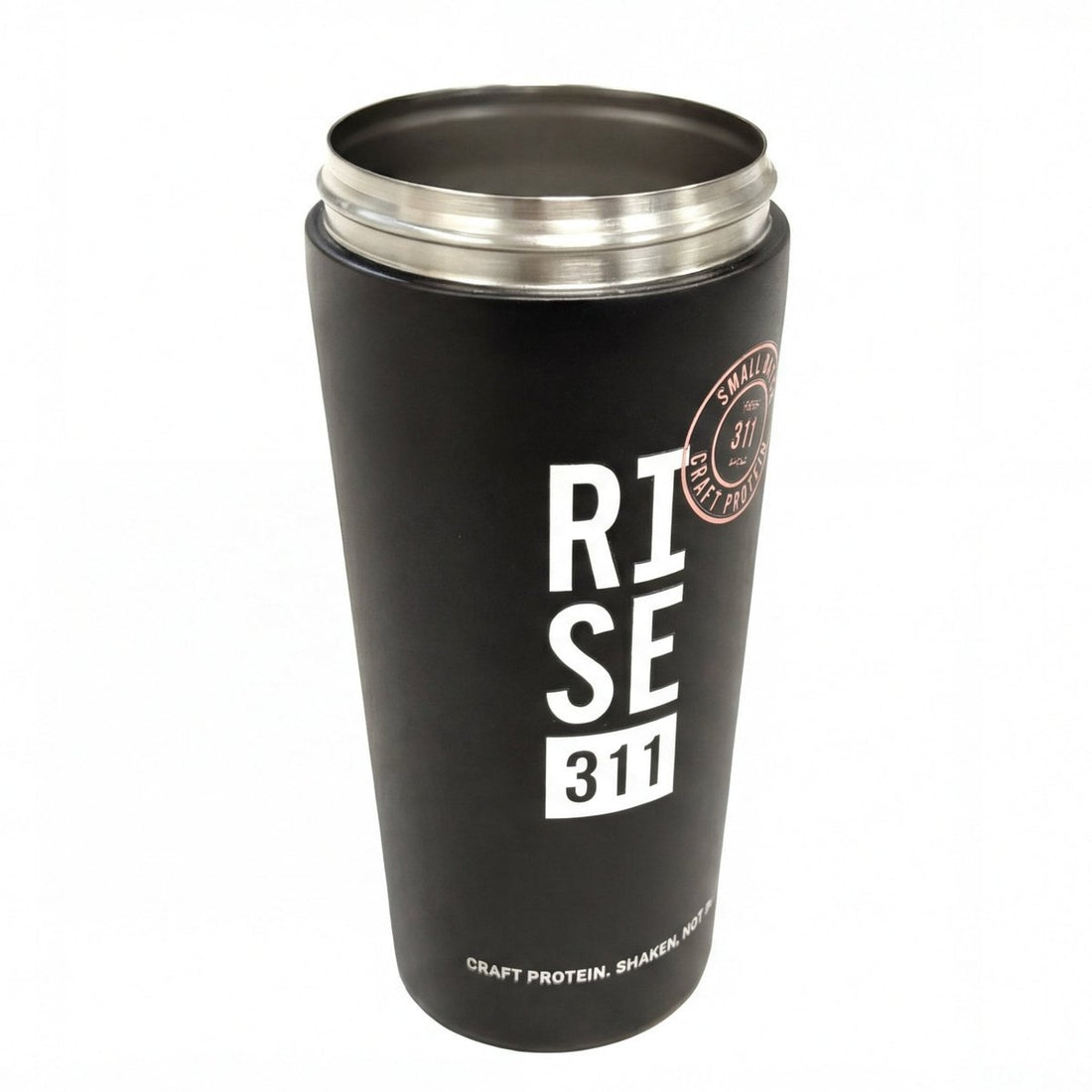 Black stainless steel protein shaker bottle showing RISE311 logo