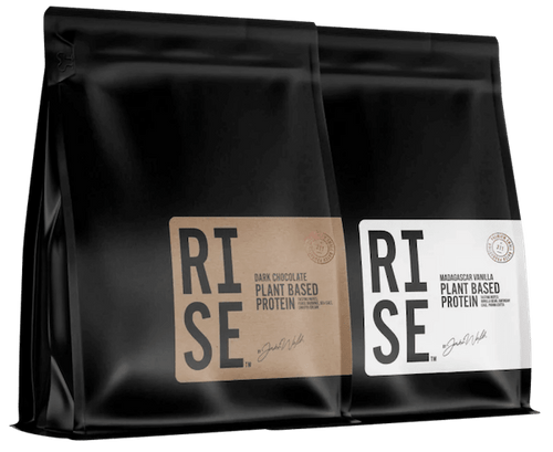 Two RISE plant based protein powder pouches on transparent background