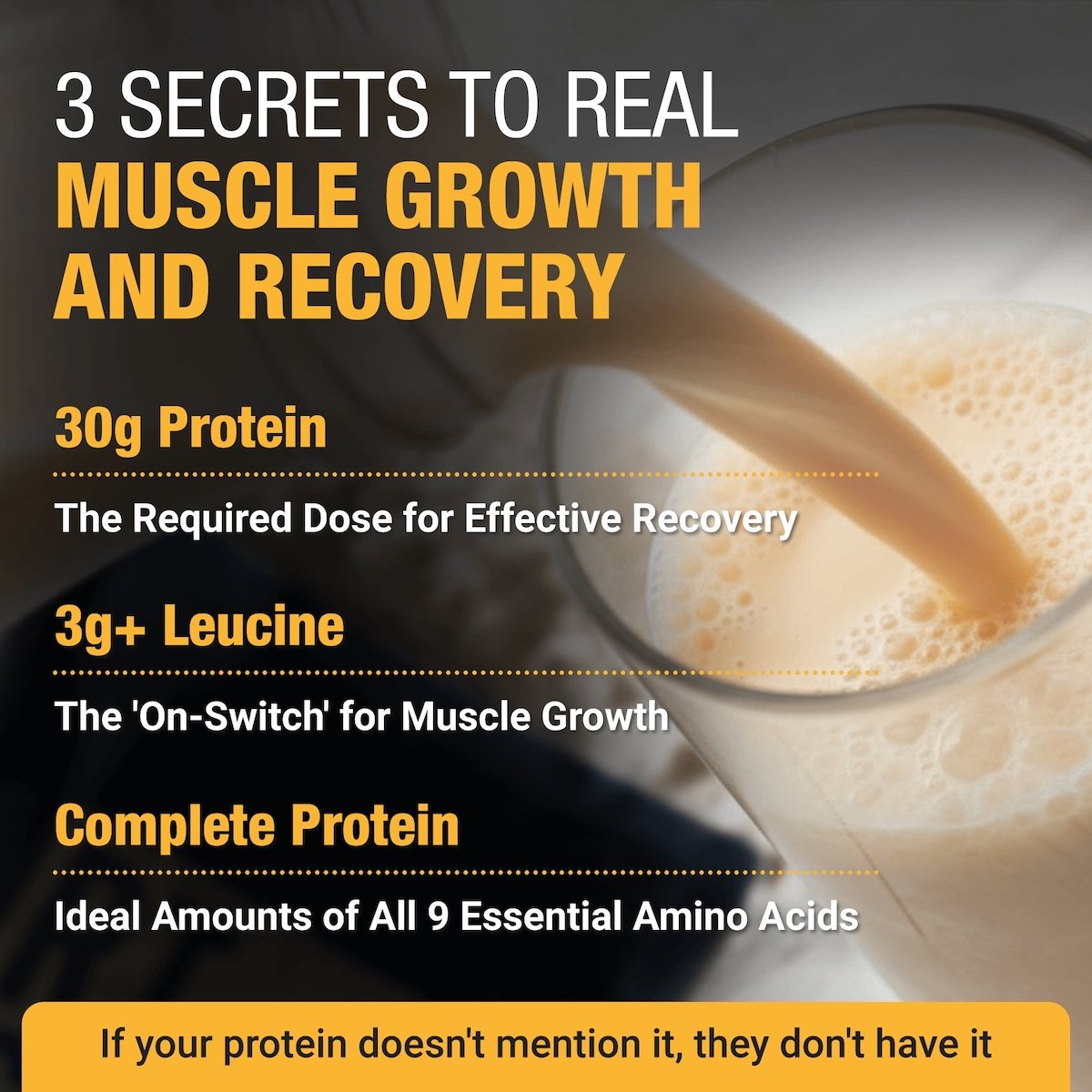 RISE311 infographic: 30g protein per serving, 3g leucine for muscle growth, amino acids your body can use immediately.