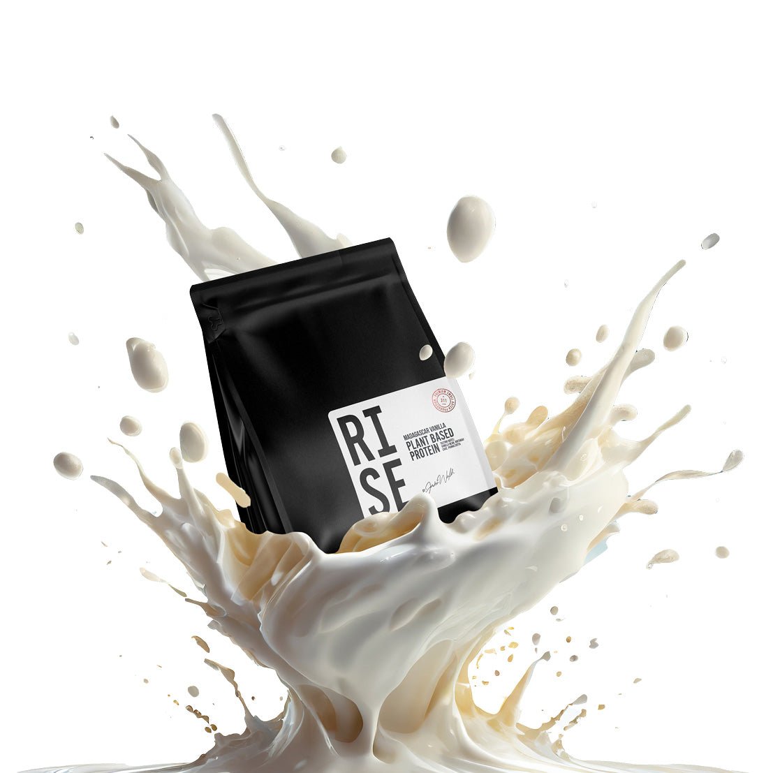 Black RISE plant based protein pouch sitting on a cream milk splash explosion effect