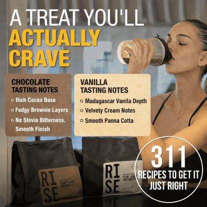 Woman drinking RISE311 protein shake with chocolate and vanilla tasting notes overlay.