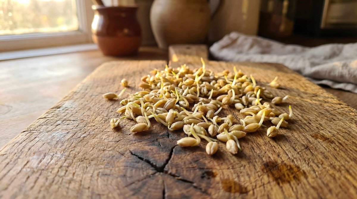 Sprouted barley before processing in extreme close-up on wooden surface with warm lighting