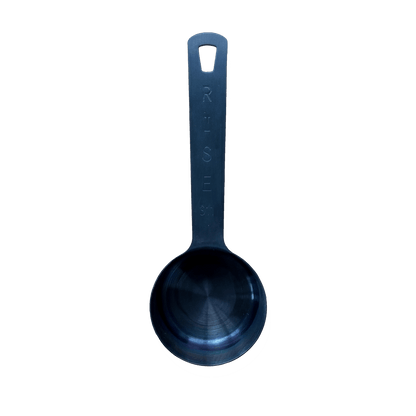 Stainless steel protein scoop with handle and notch for hanging.