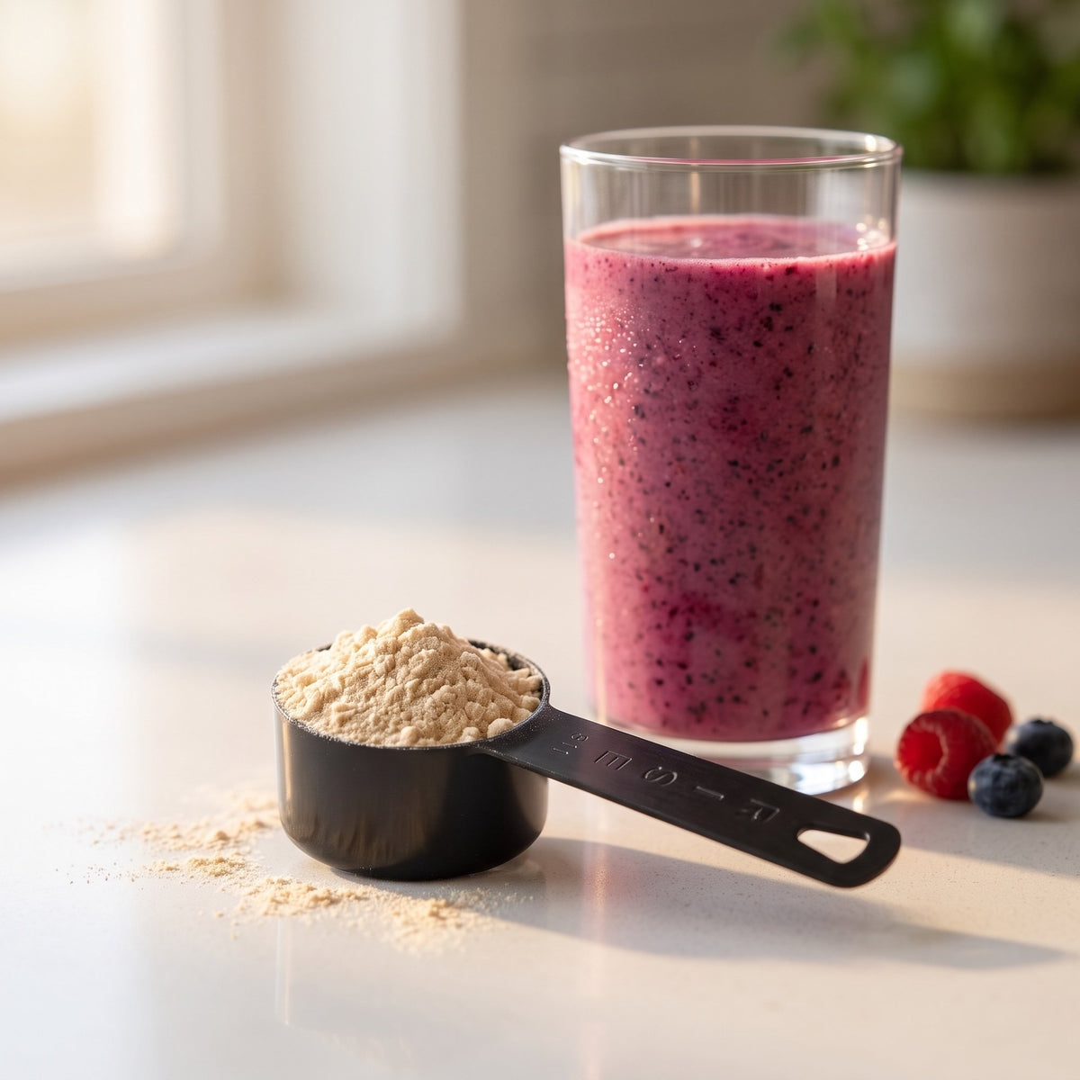 A glass of berry smoothie stands on a light countertop beside  protein scoop of RISE311 unflavored protein powder. Raspberries and blueberries lie nearby with a softly blurred kitchen background.